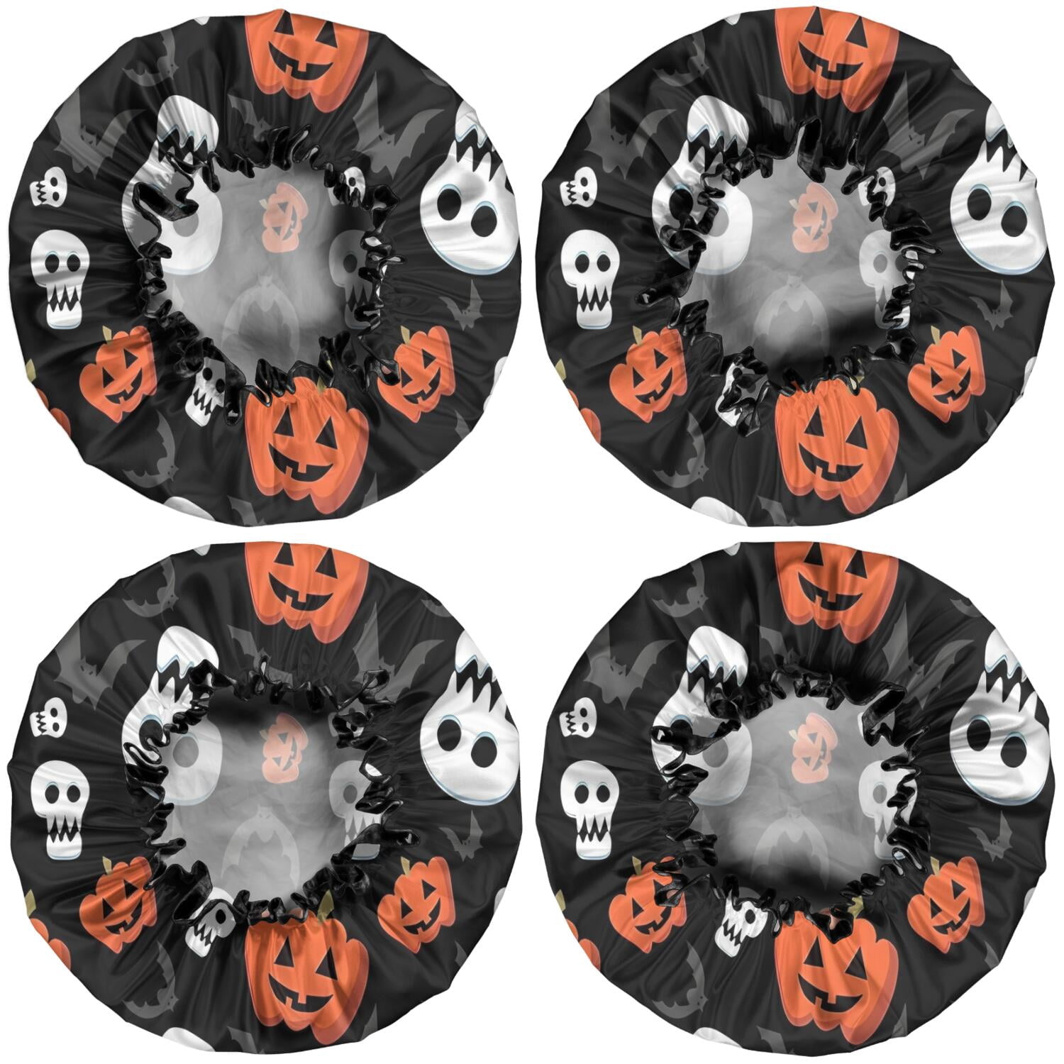 Shower Caps,Black Halloween Pumpkin Faces Waterproof Shower Cap for Women 4 Pieces,Double Reusable Hair Cover for Shower PEVA Elastic Stretch Hem
