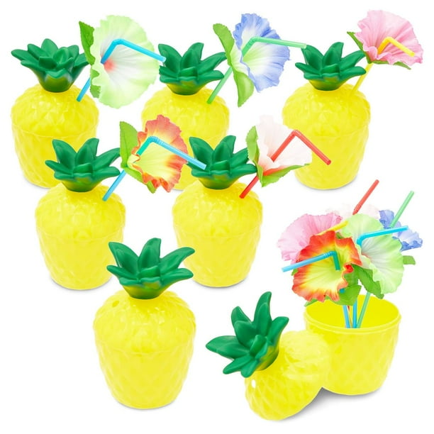 Plastic Pineapple Cups with Lids and Straws for Hawaiian Party (10 oz