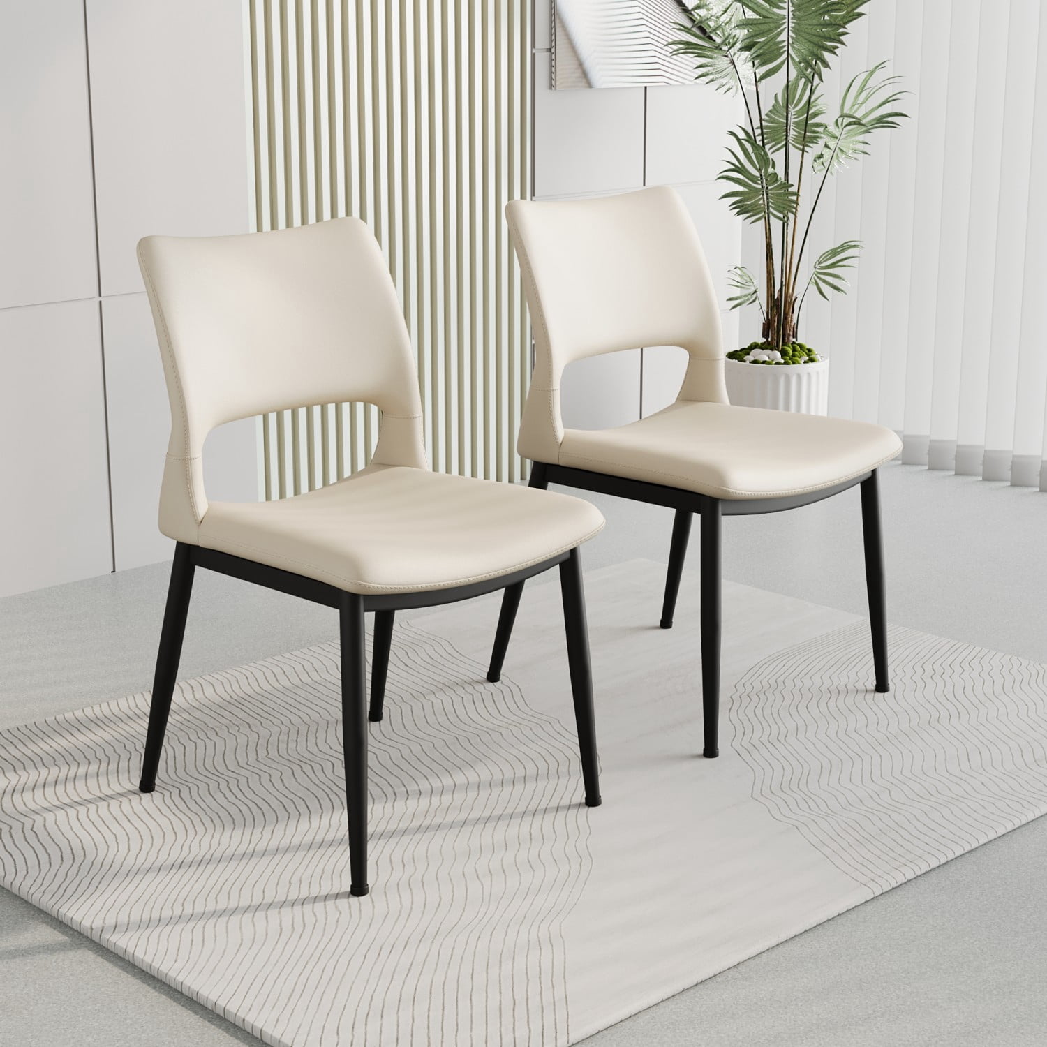 Modern Minimalist White PU Leather Dining Chairs Set of 2 Upholstered Kitchen Chairs with Metal Legs Ergonomic Backrest for Dining Room Restaurant Office