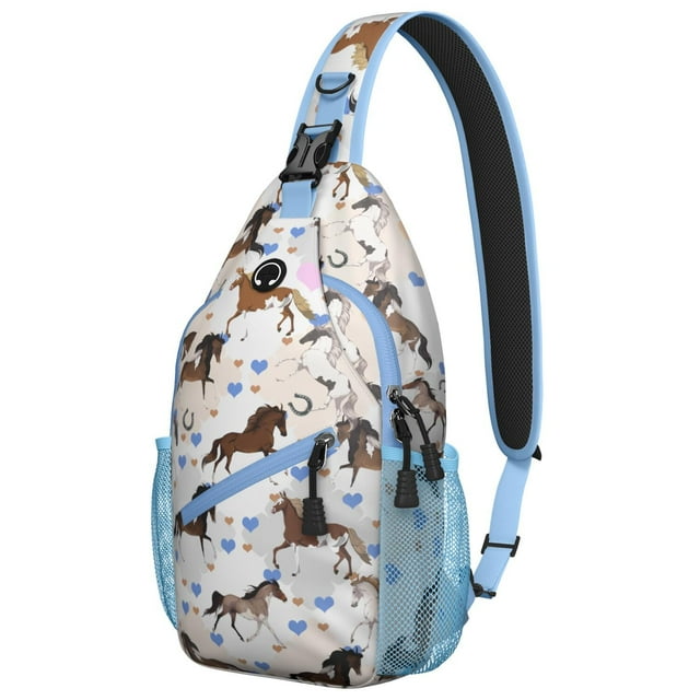 Wild Horse Pattern Sling Backpack, Artistic Rural Horse and Farm Animal Print Crossbody Bag, Flower and Nature Inspired Design for Riders