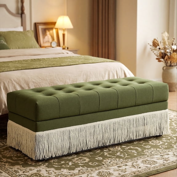WUTUTUEE Upholstered Ottoman with Fringe Trim, Tufted Cushion, Wooden Legs and Safety Support Hinge