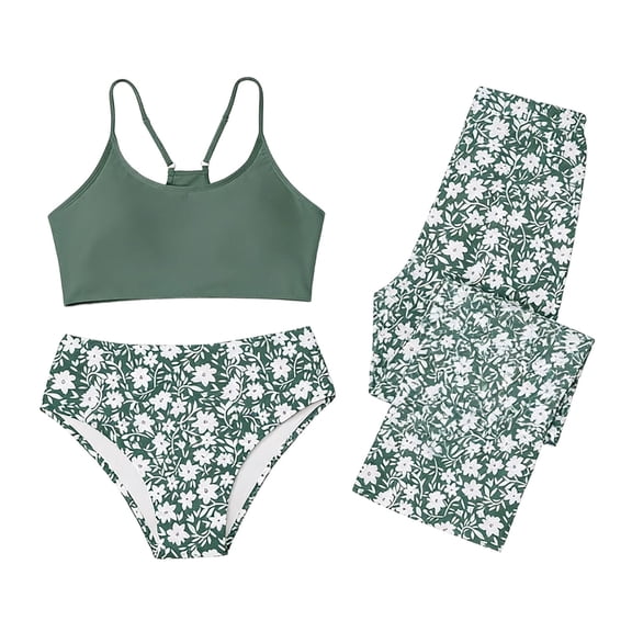 LIIPEE Girls Swimsuit Sets Casual Summer Solid Color Adjustable Spaghetti Strap Bikini Tops Fashion Floral Shorts Pants 3 Piece Set Kids Children Beach Pool Cute Backless Swimsuits,Green,15-16 Years