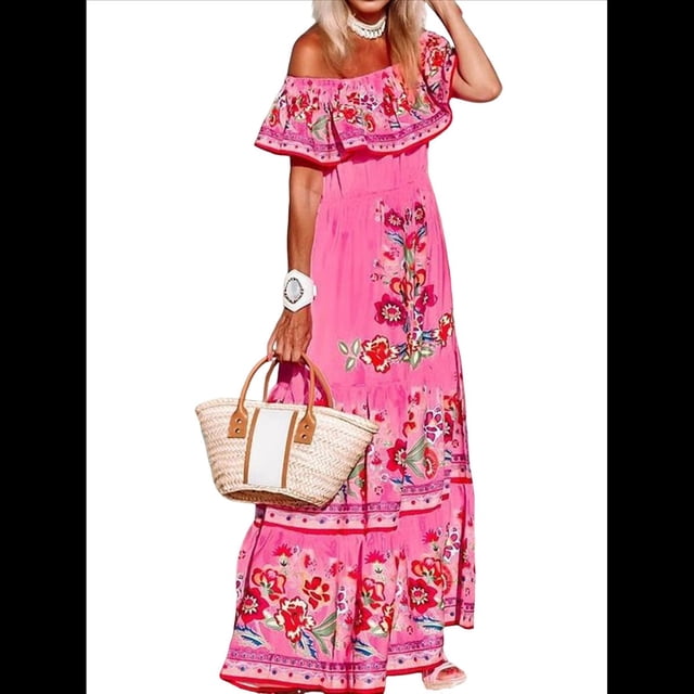 Vestido de Verano para Mujer, Estampado Floral, Hombros Descubiertos, Sin Mangas, Rosa S