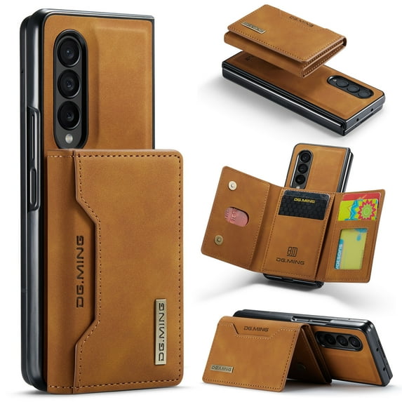 Feishell Case for Samsung Galaxy Z Fold4,Premium PU Leather Magnetic Detachable 2-In-1 Card Pocket Back Flip ID Credit Card Slots Kickstand Shockproof Business Slim Phone Case,Brown