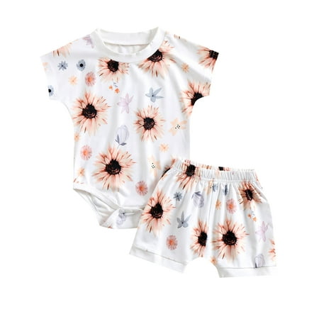 

Suanret 2PCS Infants Baby Boy Girl Summer Streetwear Outfit Toddlers Printing Raglan Sleeve Snaps Romper Elastic Waist Shorts White Sunflower 2-3 Years