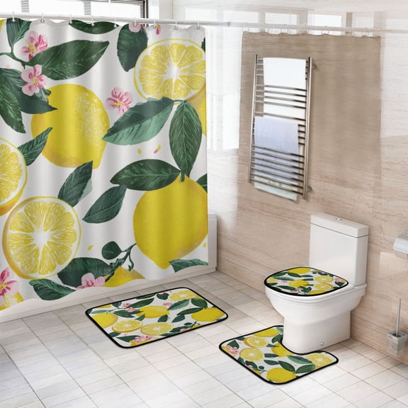 4-Piece Bathroom Set with Waterproof Shower Curtain with Non-Slip Bath Mat, U-Shaped Mat & Toilet Lid Cover Lemons and Pink Flowers