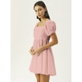 thumbnail image 2 of DressBerry Women's Solid Cotton Pleated Flared Mini Dress Short Puffed Sleeves High Rise Front V Neck Frilled Bottom Western Style Short, 2 of 8