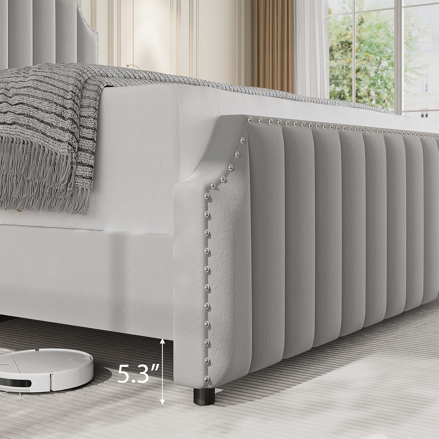 YUSAZENS King Size Velvet Bed Frame with 50.2" Tufted Headboard & Footboard, Nailhead Trim, No Box Spring Needed, Noise-Free, Grey
