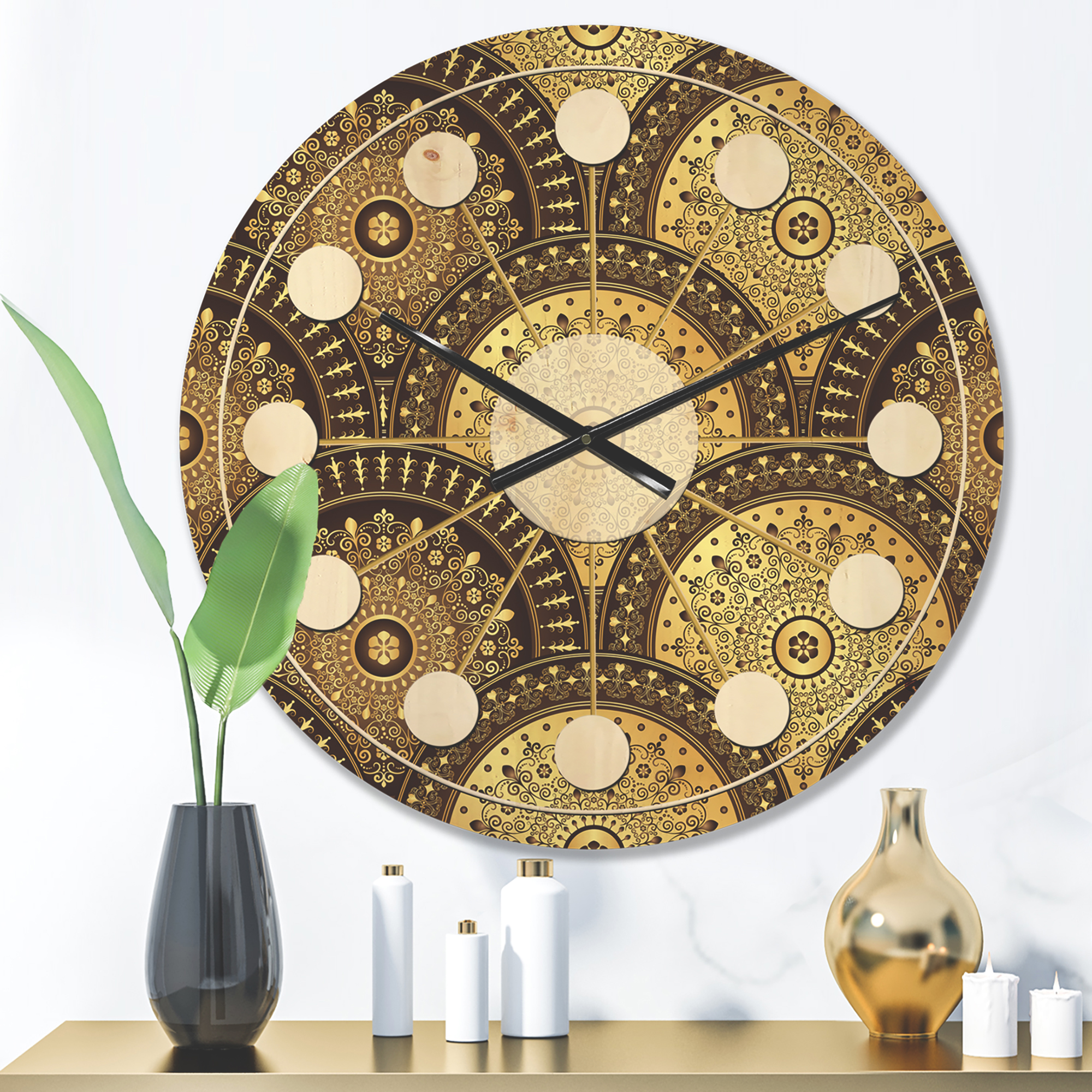 Designart 'Golden Circular Retro Pattern I' Mid-Century Modern Wood Wall Clock