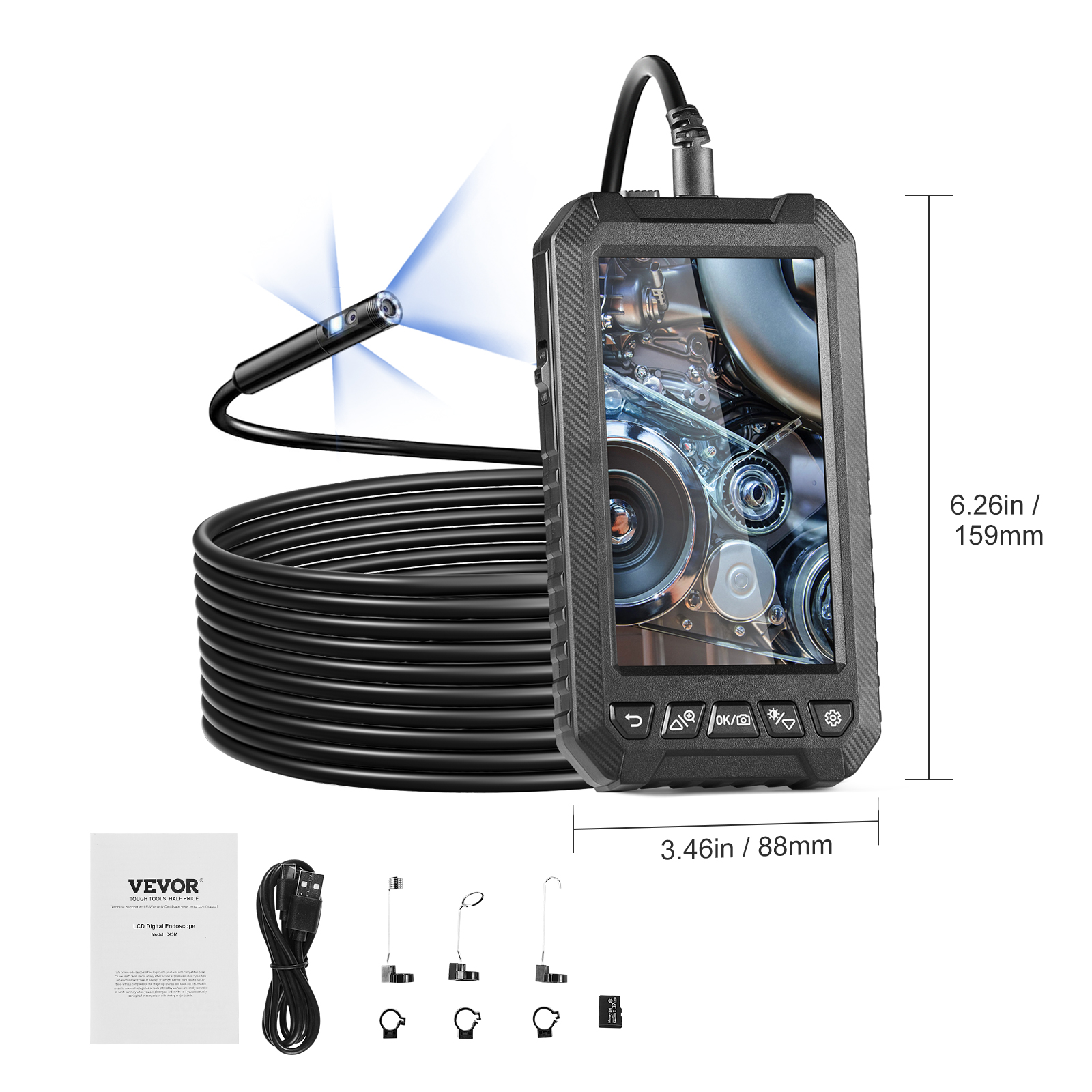 VEVOR Endoscope Camera with Light, Triple Lens Industrial Borescope, 5" Screen 1080P Inspection Camera, 8 + 2 Lights, IP67 Waterproof Snake Camera for Automotive, Plumbing (16.4FT Cable, 32GB Card)