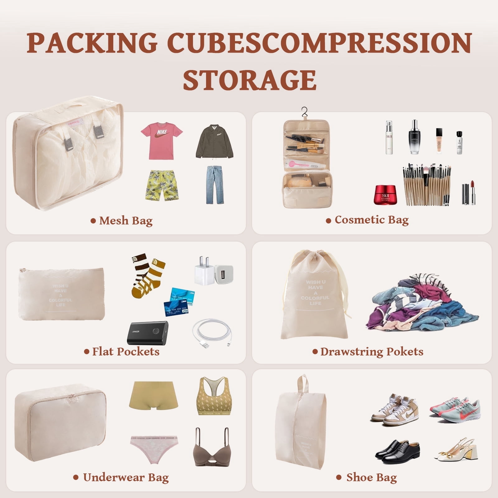 9-Piece Beige Travel Packing Cubes Set - Large Capacity, Waterproof & Breathable for Organized Trips