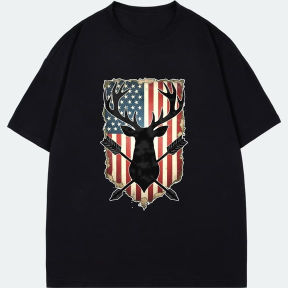 Men's Short Sleeve T-Shirt Black  Flag Deer Hunting Design Outdoor Adventure Casual Wear