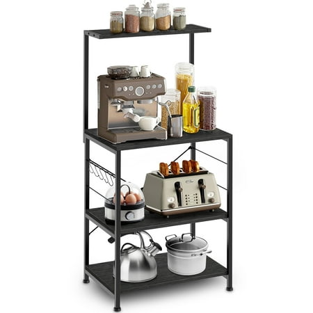 Cheflaud Kitchen Baker s Rack Storage Shelf Microwave Cart Oven Stand Coffee Bar with Side Hooks 4 Tier Shelves(Black)