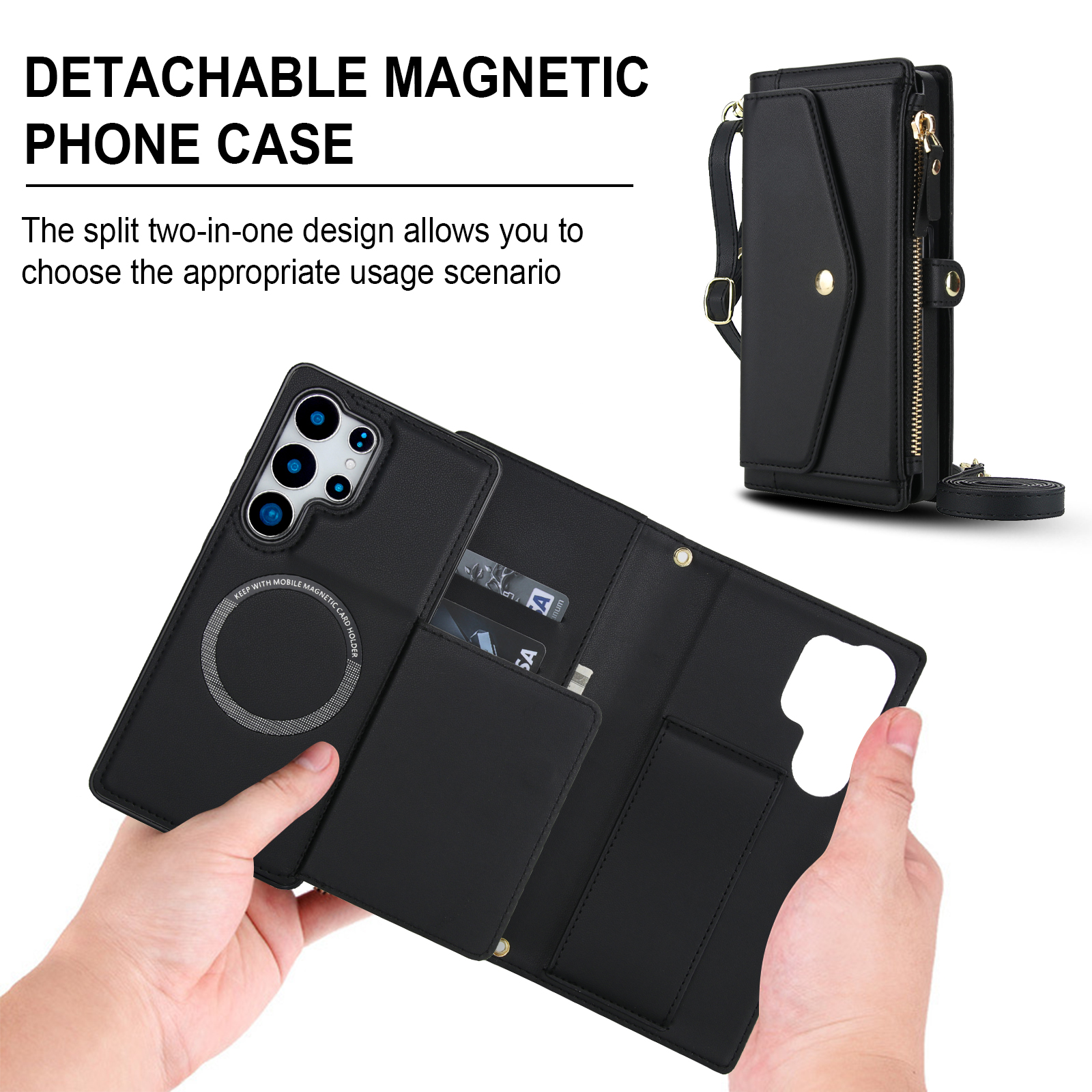 Designed for Samsung Galaxy S24 FE Multi-Function Wallet Phone Case,With Shoulder Strap&Wrist Strap,Cash Pocket&Card Slots,Zipper Purse,Magnetic Detachable PU Leather Flip Phone Case,Black