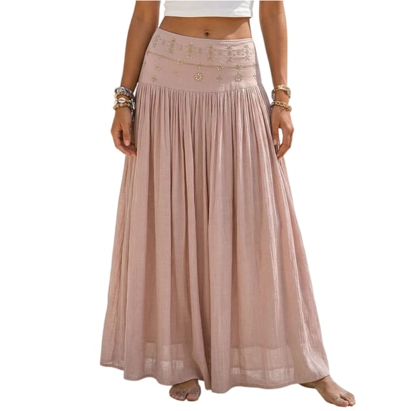 longantii Women's Maxi Skirts Cotton Linen Flowy Skirt Modern Fit A-Line Pleated Outfits Spring Vacation Streetwear Pink L