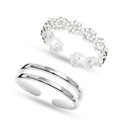 LeCalla Adjustable 925 Sterling Silver Toe Rings, Flower & Band Design, Hypoallergenic, Set of 2 for Women