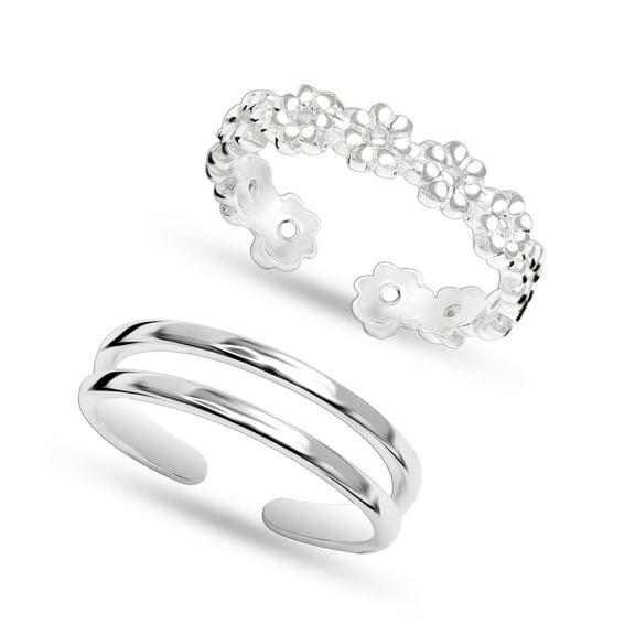 LeCalla Adjustable 925 Sterling Silver Toe Rings, Flower & Band Design, Hypoallergenic, Set of 2 for Women