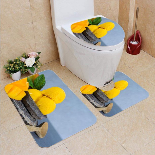 ABPHQTO Helado de mango Sorbete Hojas de menta Fruta de mango en cuenco de piedra Fondo con textura gris Juego de alfombras de baño de 3 piezas Alfombra de baño Alfombra de contorno y tapa de inodoro