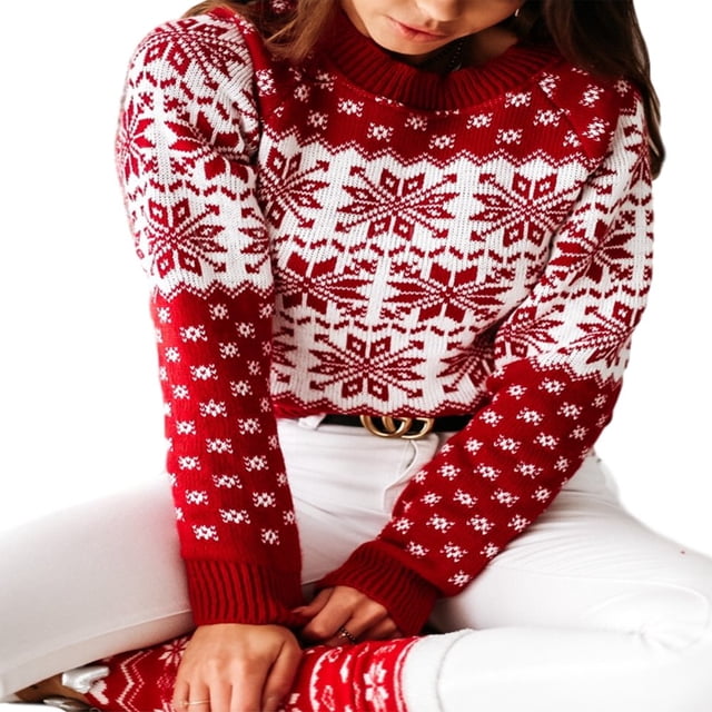 LNGOOR Chandails de Noël pour Femmes Motif Flocon de Neige Col Rond Manches Longues Vêtements Festifs