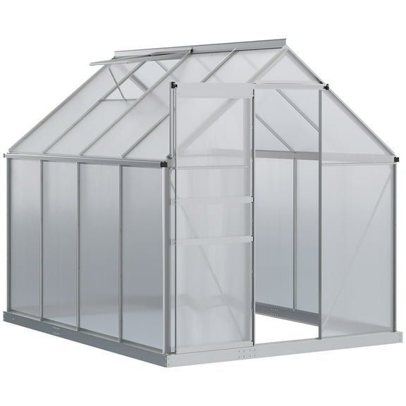 8' x 6' Aluminum Outdoor Greenhouse, Polycarbonate Walk-in Garden Greenhouse Kit with Adjustable Roof Vent, Rain Gutter and Sliding Door for Winter, Silver