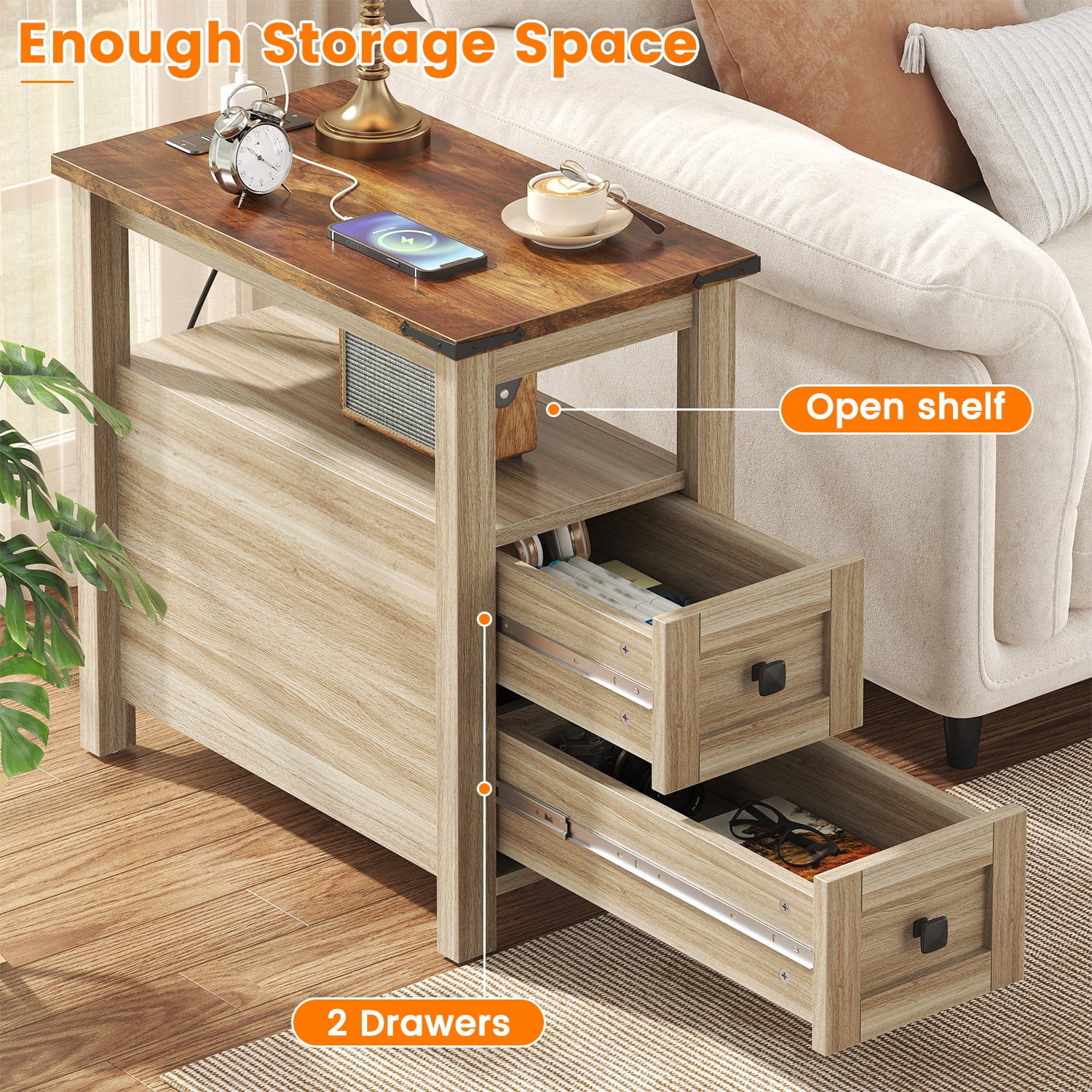 Frmobepts End Table with Charging Station, Farmhouse Rustic Wood Side Table for Living Room, Bedroom, Oak
