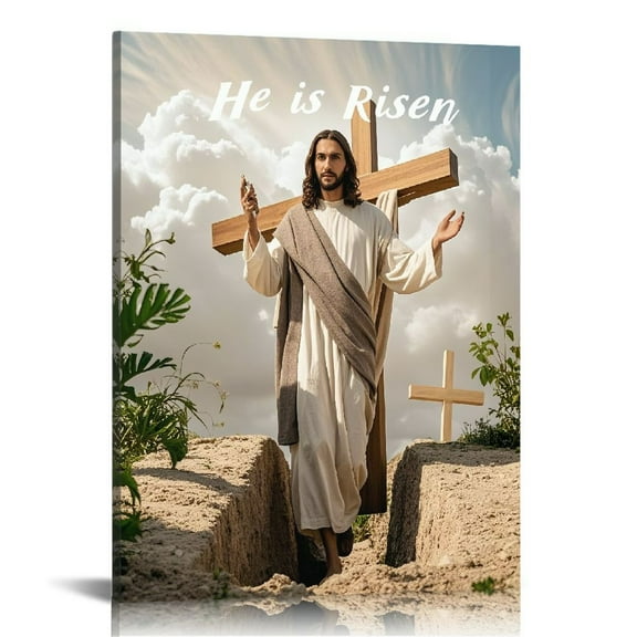 Christian Cross Wall Art Jesus Leaves the Tomb Canvas Painting Resurrected Savior Leaves the Tomb Posters Prints He Is Risen Pictures for Church Home Bedroom living room Home Wall Decor Framed