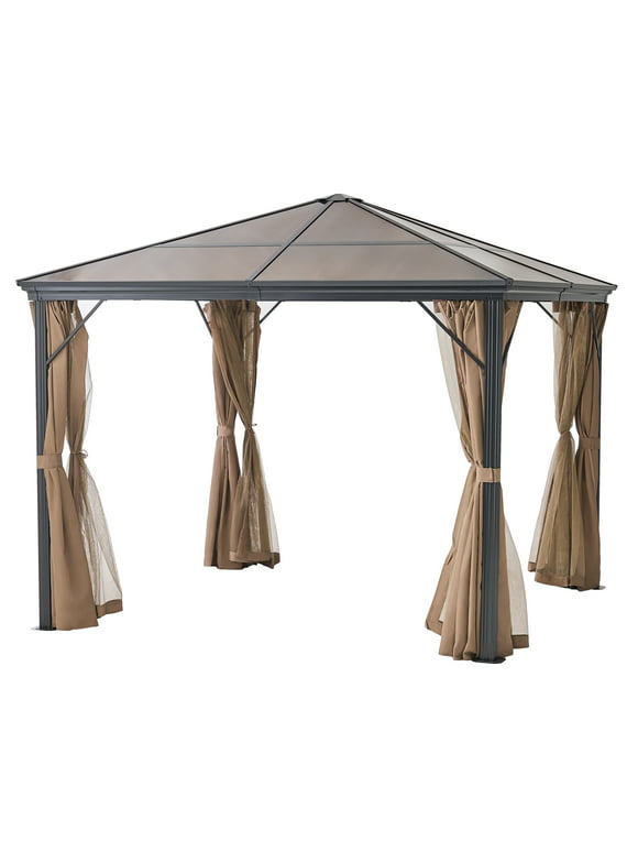 Gracie Outdoor 10 X 10 Foot Aluminum Framed Gazebo with Curtains and Hardtop, Brown, Black