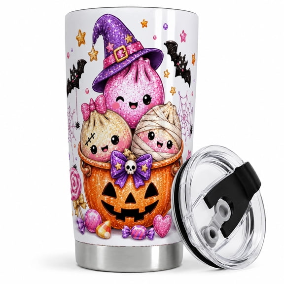 Glitter Pumpkin Treats 20oz Tumbler, Cute Halloween Drinkware 20oz tumbler with pumpkin bucket, treat characters, bats, spiderwebs, candy, and potion artwork for daily drinks