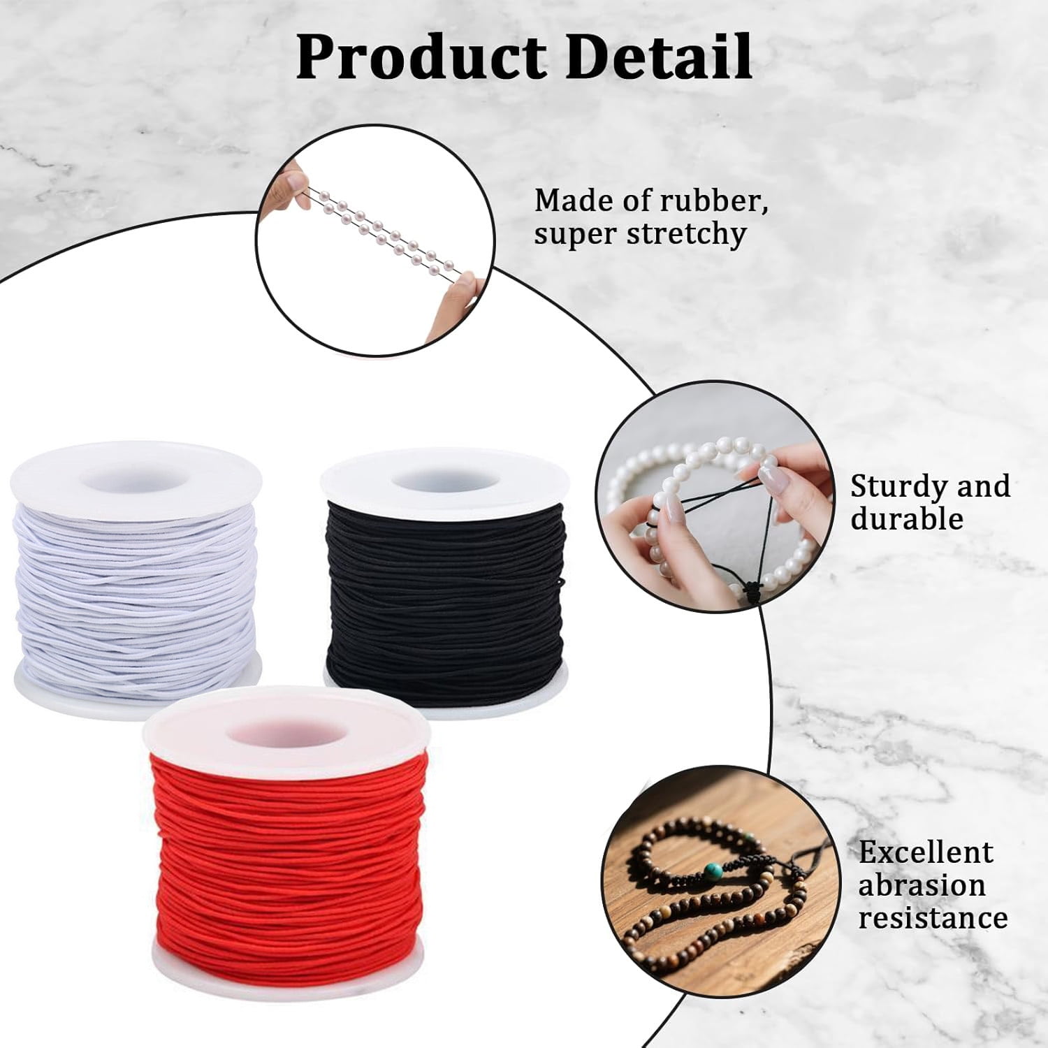 Elastic String Cord for Bracelets,Bexikou 3 Rolls 1 mm 328 Feet Sturdy Bracelet String,Stretchy Elastic String for Jewelry Making, Necklaces, Beading and Crafts(Black, Red, White)
