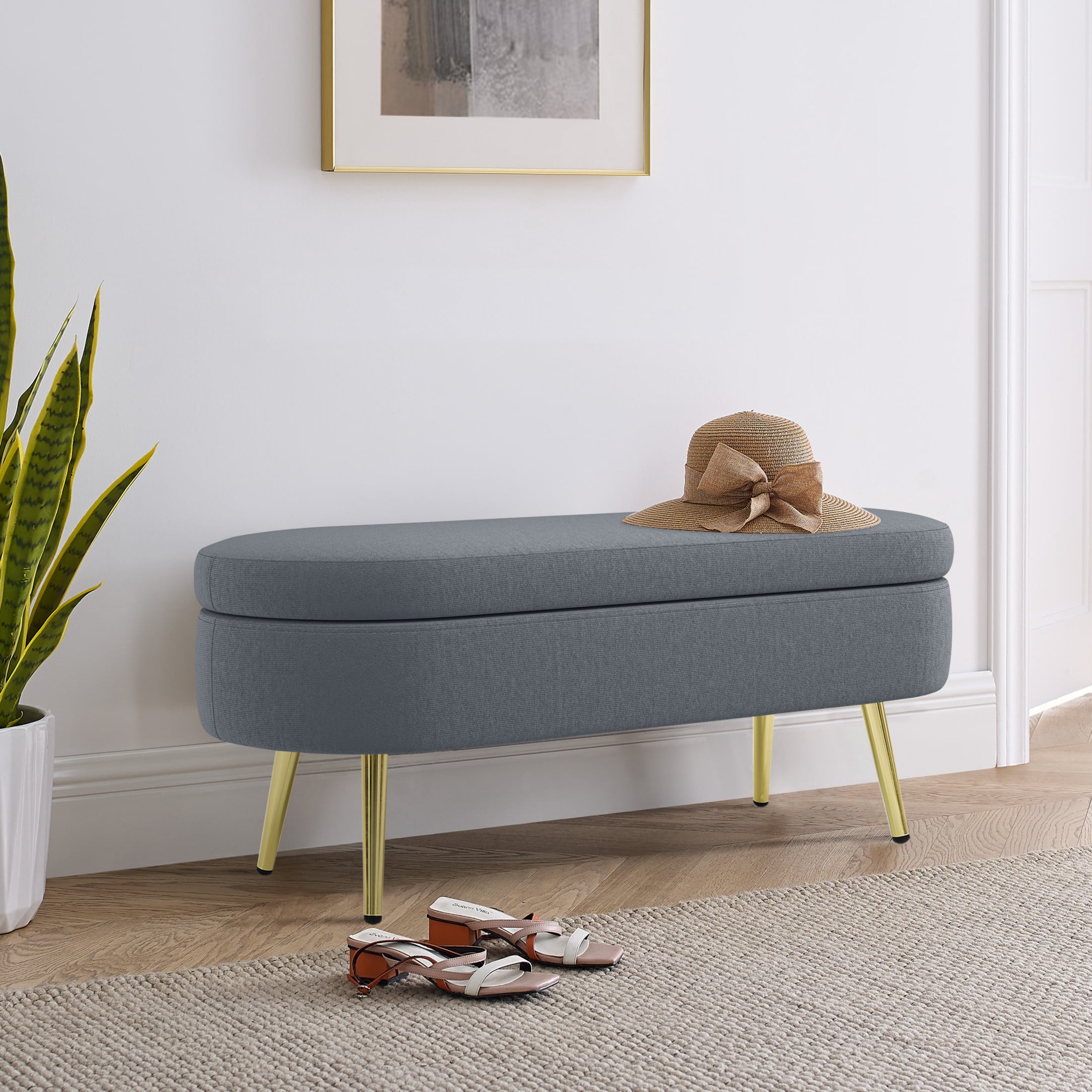 Noble House Dyani 43" Oval Flannel Storage Ottoman Bench, Upholstered Footrest with Metal Legs, Dark Gray