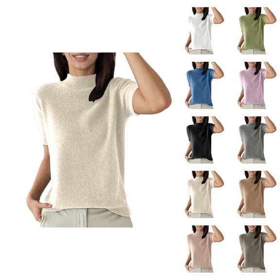 T Shirts for Women 2026 Summer Short Sleeve Neck Ribbed Plain Knitted Tshirt Womens Tees