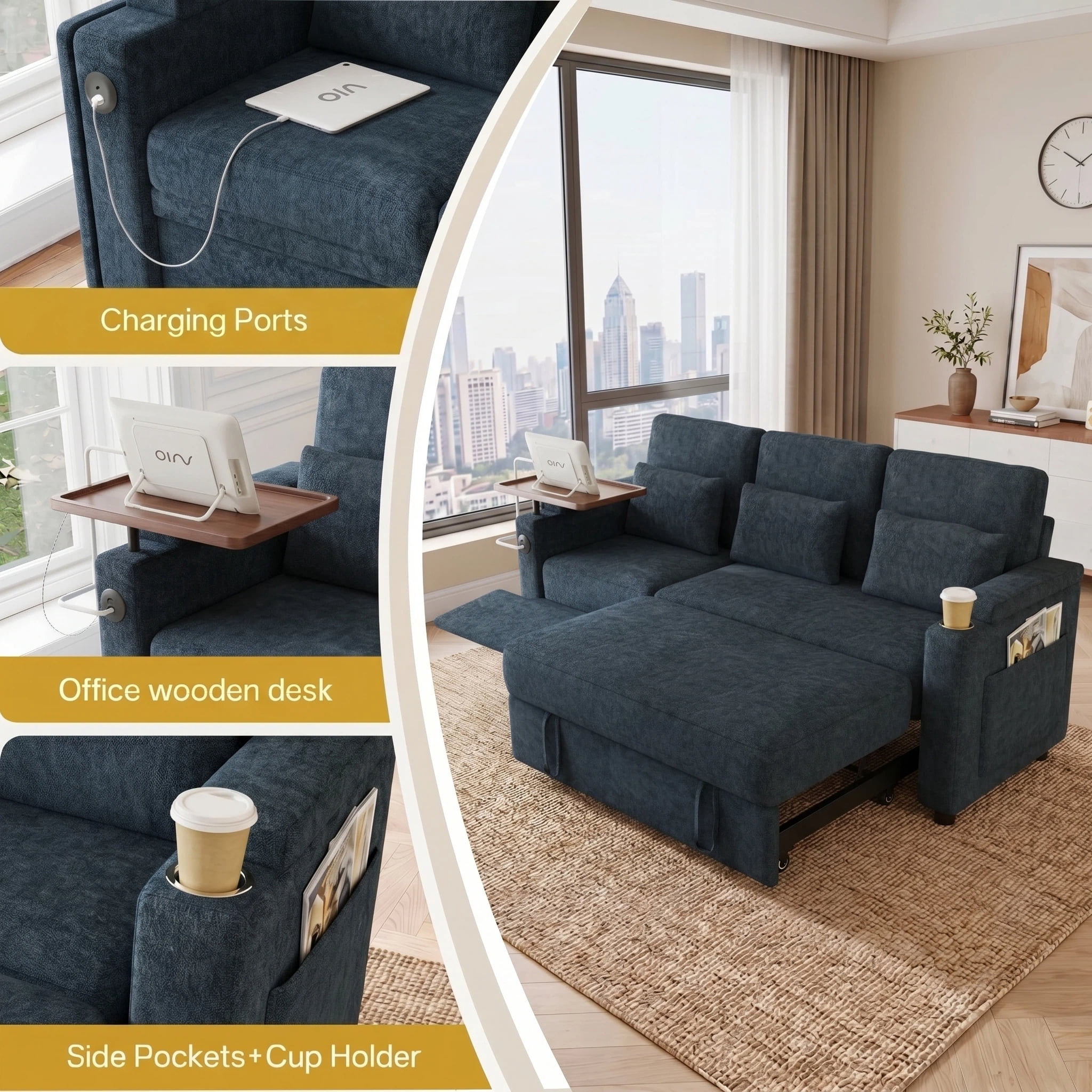 AISWORD 83" 3-in-1 Convertible Pull Out Sofa Bed, 6 Position Adjustable Sleeper Couch with USB Ports, Laptop Table, Cup Holders & Side Storage Pockets, Blue