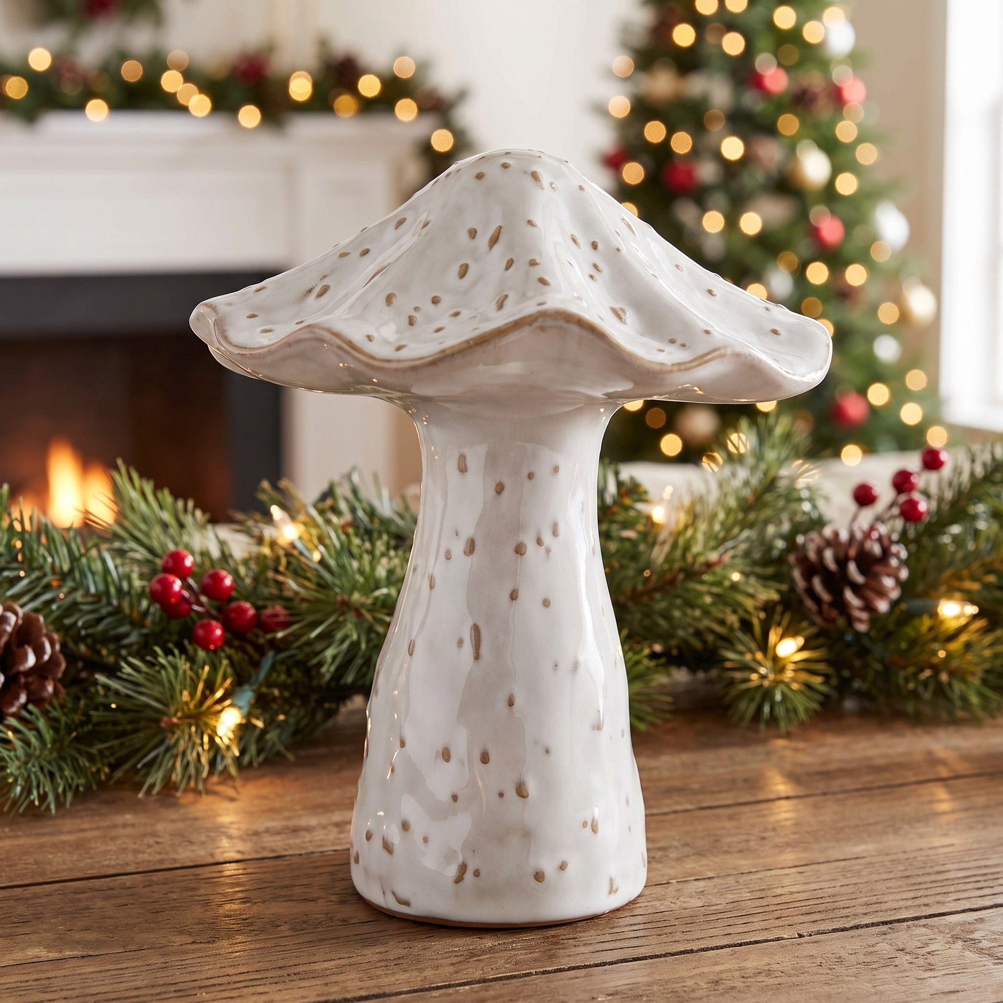 Medium Ceramic Mushroom Christmas Decoration, White, 6.5", by Holiday Time