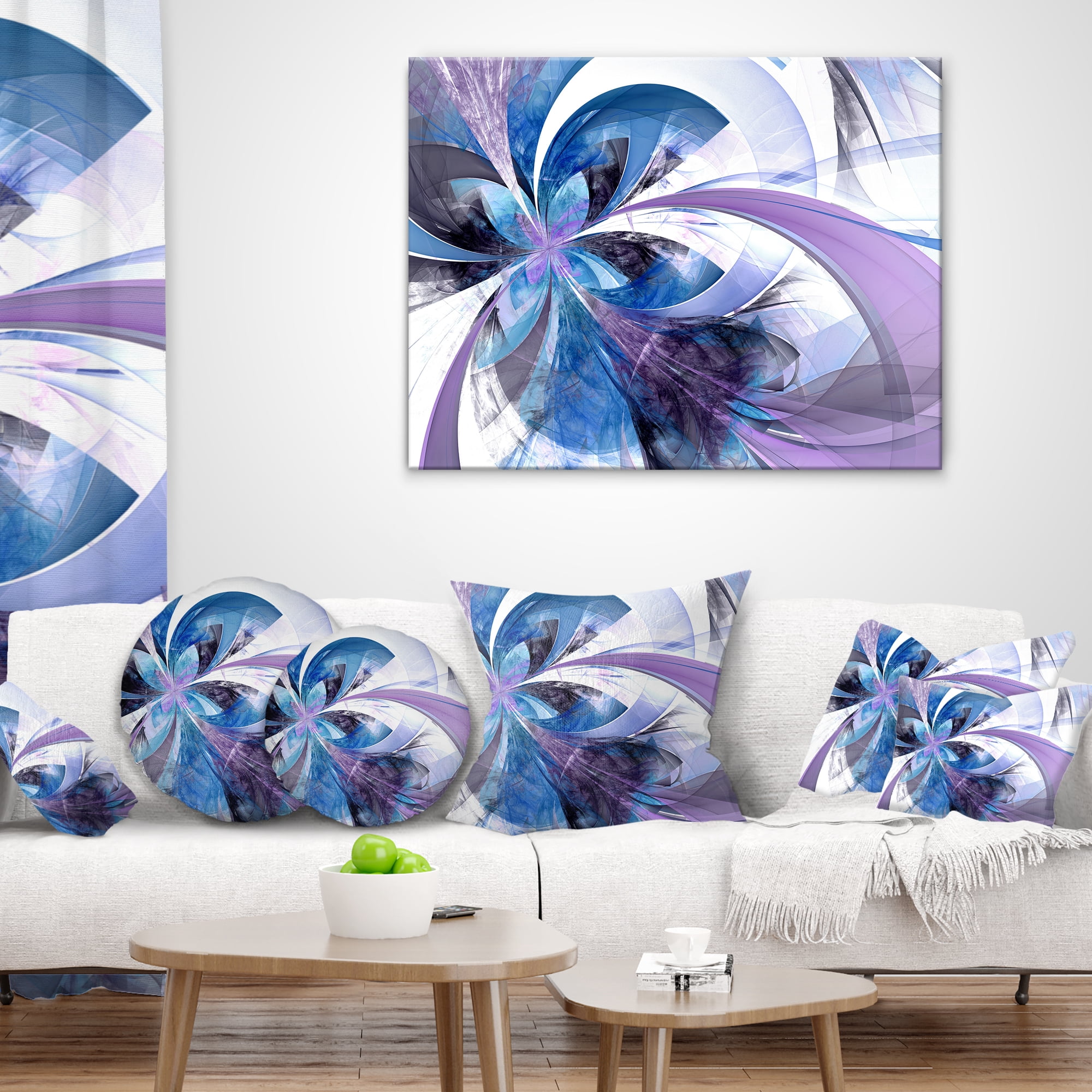Designart Symmetrical Fractal Flower in Blue - Floral Throw Pillow - 12x20