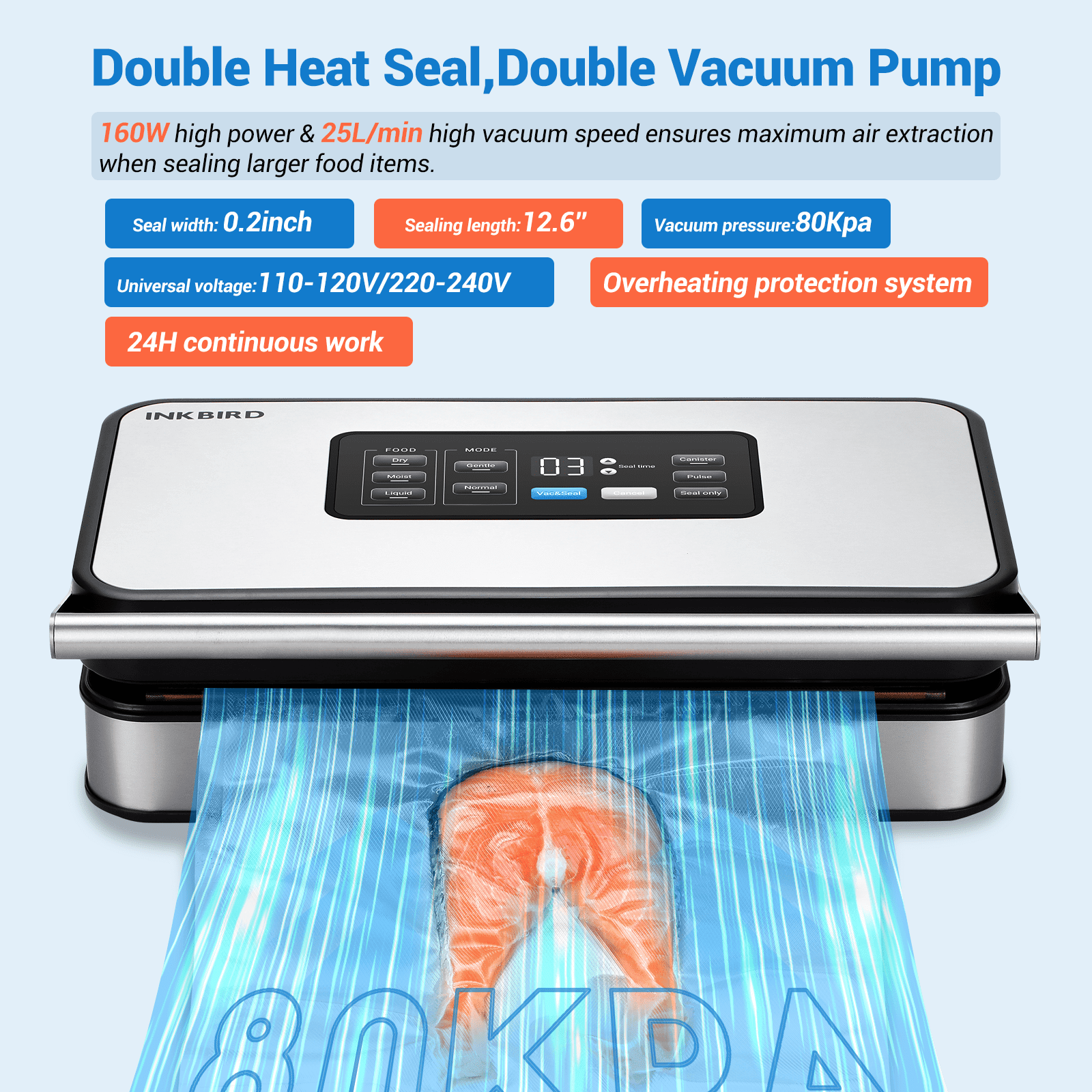 INKBIRD INK-VS04 Home Food Vacuum Sealer Machine with Starter Kit, Dual Motor, Dual Pump, Multiple Functions, Countdown LED, Built-in Cutter and Bag Storage, with Overheat Protection, Dry/Moist/Liqui