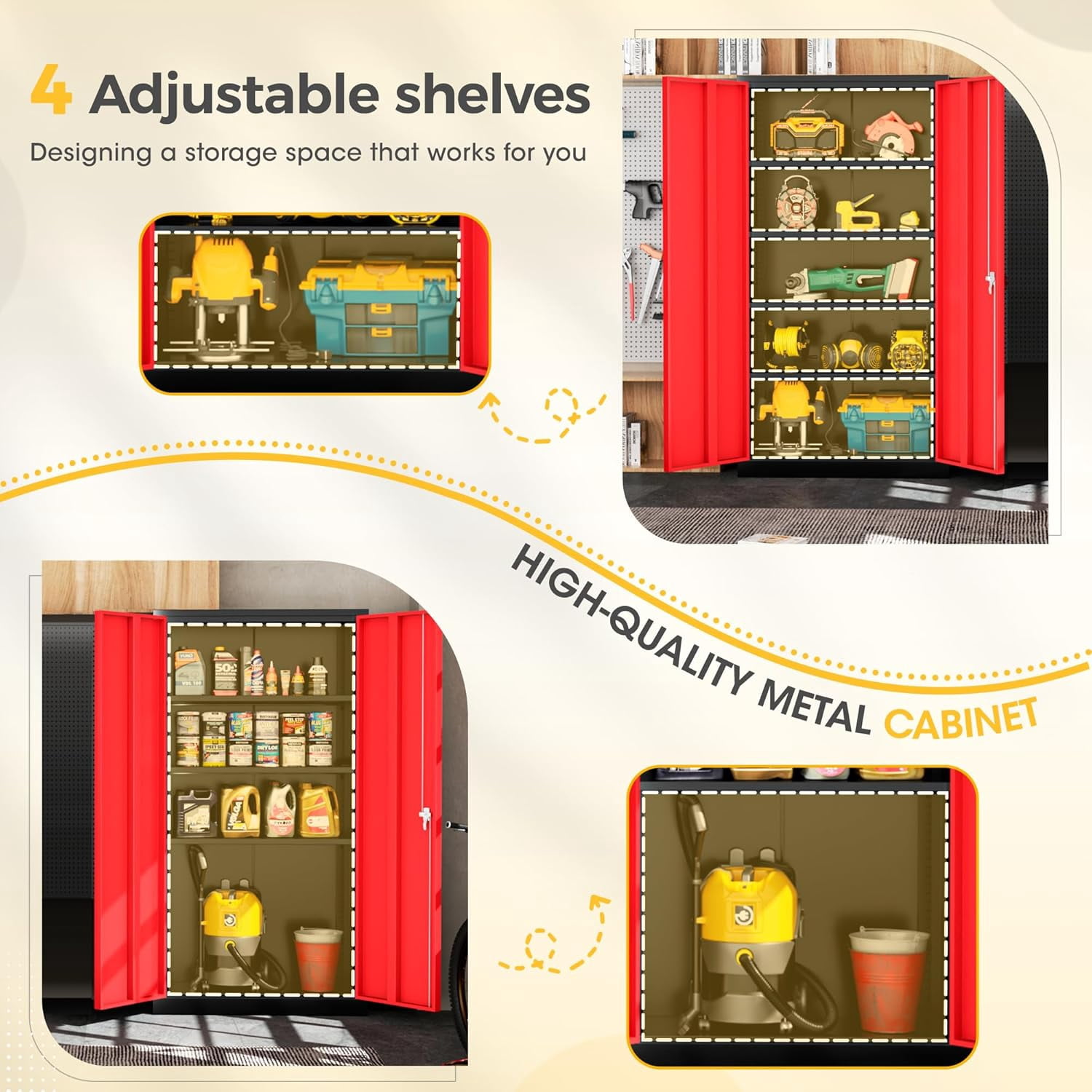 SOLAURA 72" Metal Garage Storage Cabinet with Locking Doors and Adjustable Shelves for Home, Office(Black Red )