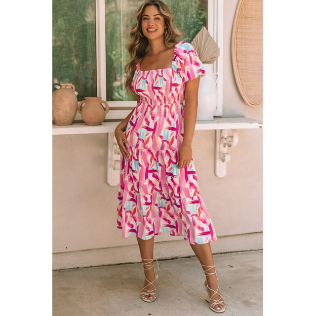 FOLUNSI Maxi Rose Coquin avec Taille Smockée – Montrez Votre Style!