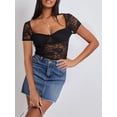 thumbnail image 6 of Michellecmm Women's Summer Slim Crop Tops Short Sleeve Low Cut Sheer Lace Floral Club T-shirt, 6 of 6