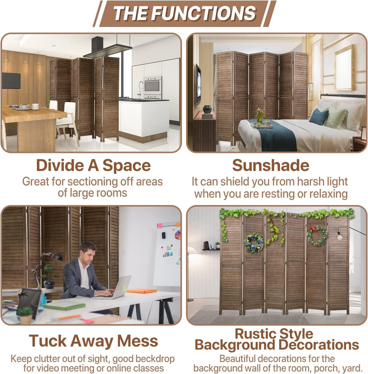 Dkelincs 6 Panel Wood Room Divider Folding Privacy Screen 5.75 Ft Freestanding Partition Wall Divider, Brown