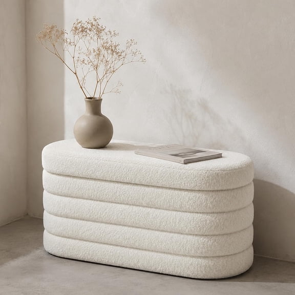 Oval Storage Ottoman Bench, 30 Inches Entryway Shoe Seat | Upholstered Ottoman with Storage, End of Bed Stool Blanket Chest, For Living Room, Hallway, Sherpa White