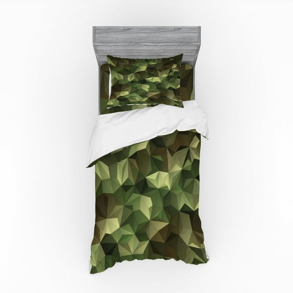 Geometric Duvet Cover Set, Abstract Style Composition Camouflage Design Angular Polygon Design, Bedding Set with Shams and Fitted Sheet, 3 Sizes, by Ambesonne
