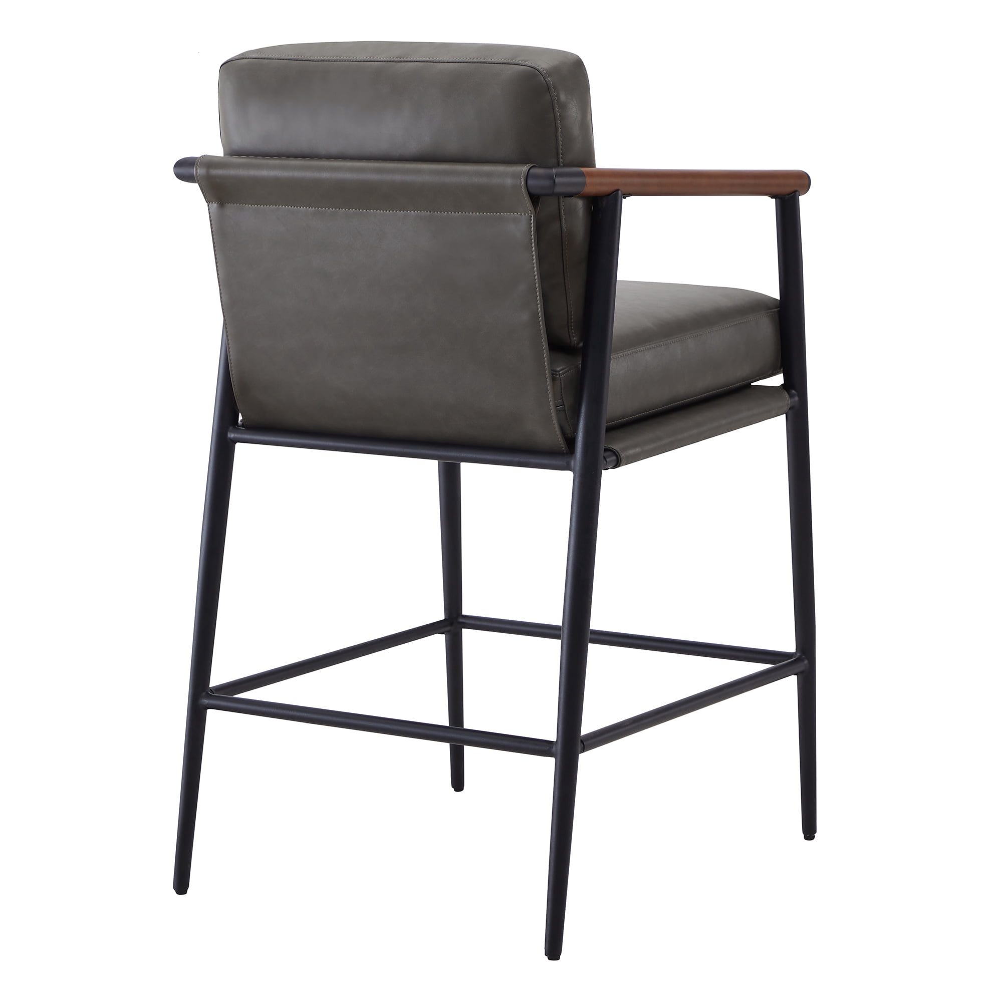 CHITA Modern Counter Stools Set of 2, Upholstered Bar Stools with Metal Frame and Wooden Armrests, Faux Leather in Retro Gray
