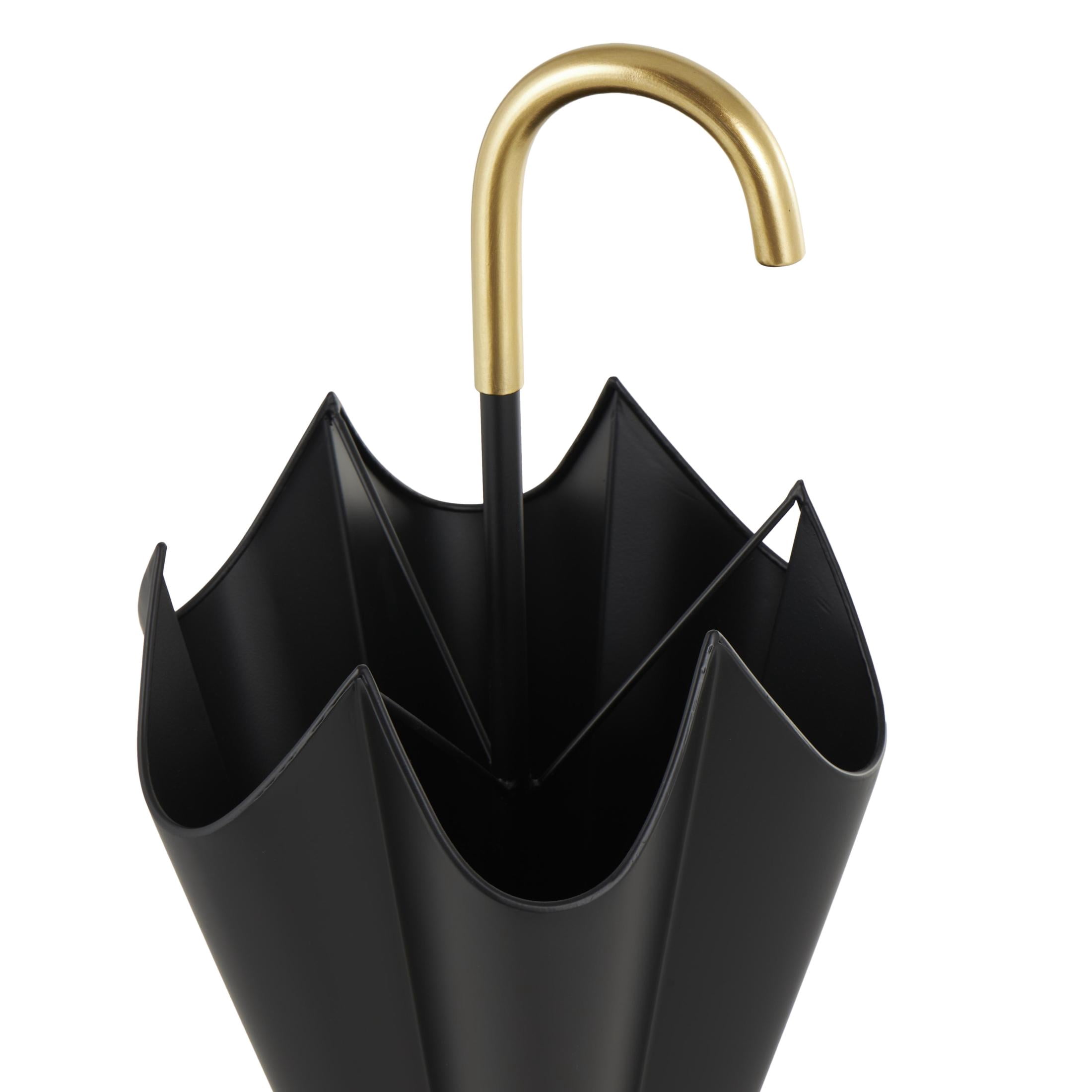 DecMode Black Metal Umbrella Stand with Gold Handle and Ball Details