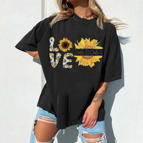 EQWLJWE Womens Sunflower Love Shirt Vintage Hippie Flower Nurse Mom Gift Round Neck T-Shirt