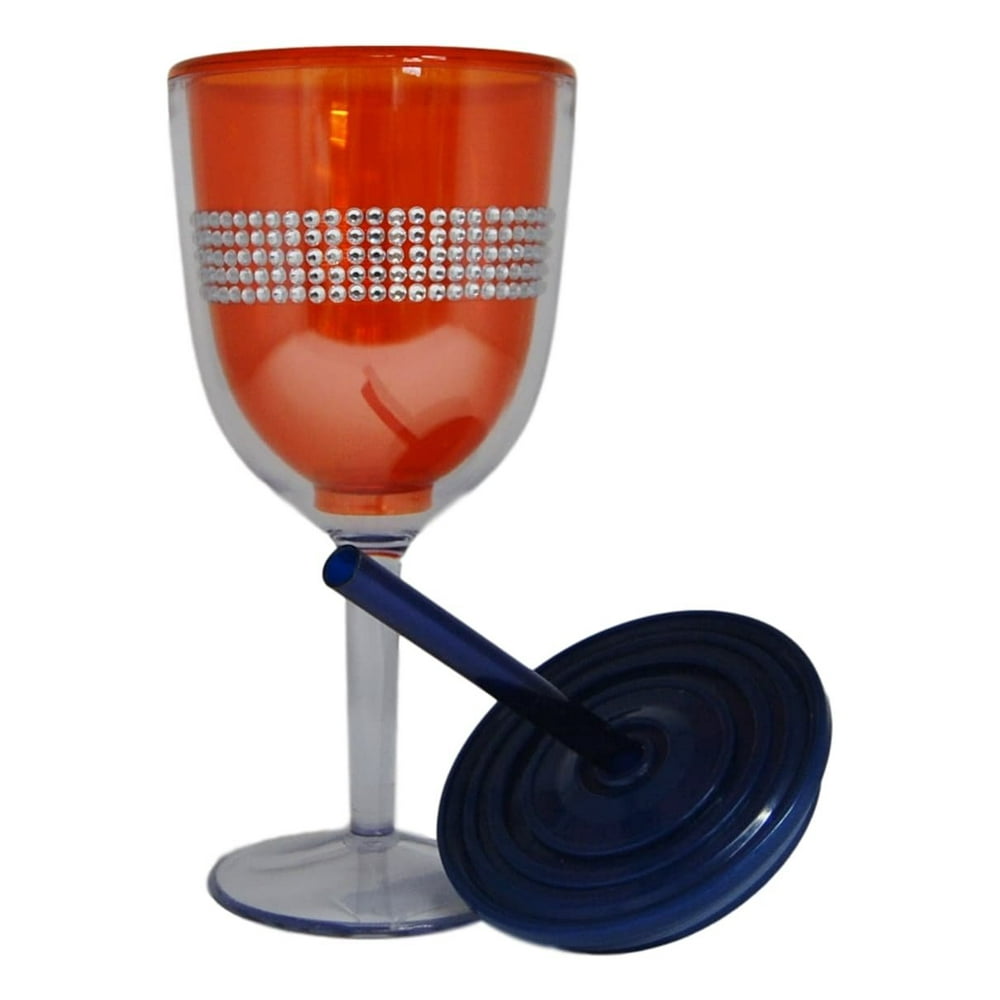 Orange Rhinestone Double Wall Acrylic Wine Glass With Lid and Straw 13