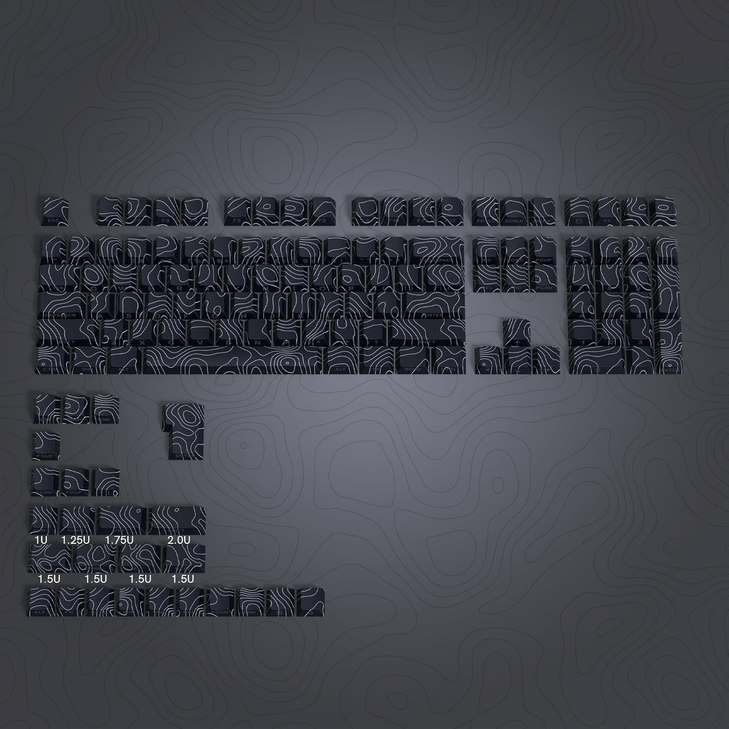 Double Shot PBT Keyboard keycaps Set,Black Topographic,Shine Through Custom keycap,Side Printed keycaps dye sub,Cherry Profile keycap for TKL US Layout Mechanical Keyboard(134keys)