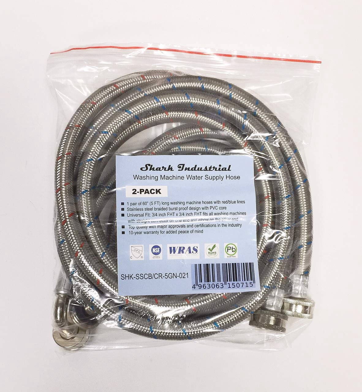 2-Pack Premium Stainless Steel Washing Machine Hoses - 5 FT No-Lead Burst Proof Red and Blue Lined Water Inlet Supply Lines - Universal 90 Degree Elbow Connection