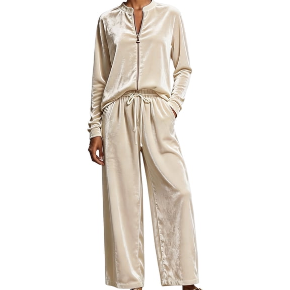 Women Velvet 2‑Piece Outfit Full Zip Stand Collar Jacket Drawstring Waist Wide Leg Pants Velour Loungewear Pant Suit Solid Color Fall Winter Tracksuit