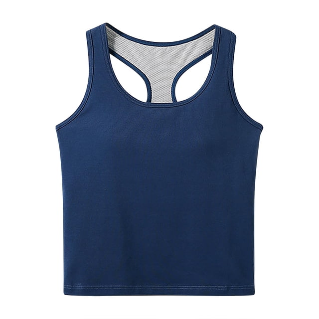 Mrat Débardeurs pour Femmes Décontractés Élégants Débardeurs Unis avec Coussin de Poitrine Soutien-Gorge Intégré Bas Col Rond Débardeurs Dos Nu pour Femmes P-360 Bleu TG