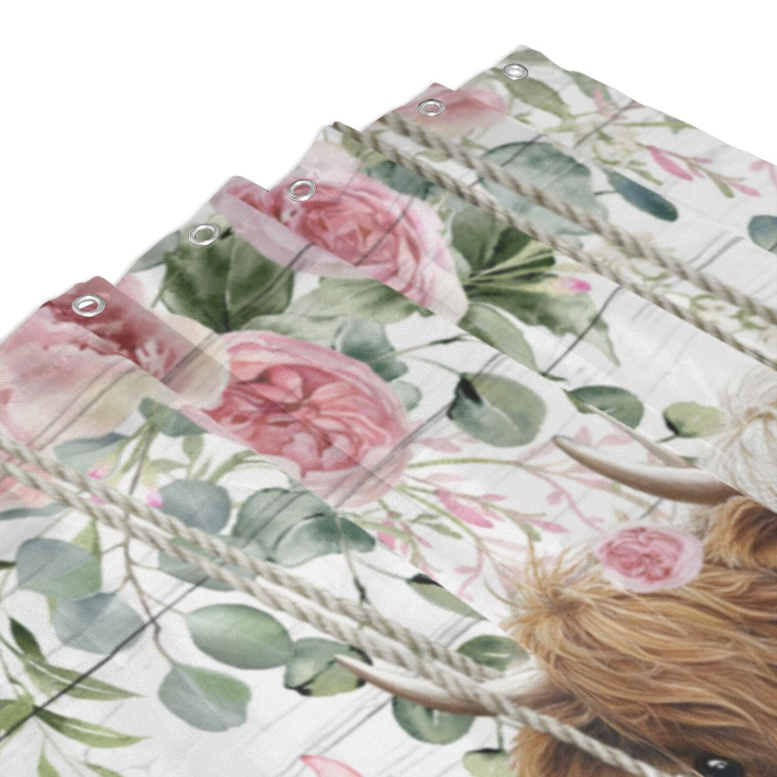 NEONWE Farmhouse Highland Cow Floral Shower Curtain, Pink Flower with Farm Cow and Eucalyptus Bathroom Curtain, 60x72 Inches